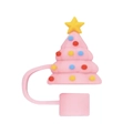 Dettaglio di un copri cannuccia in silicone a forma di albero di Natale rosa decorato - Albero di Natale