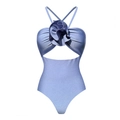 Lavender metallic halter swimsuit with 3D flower detail and waist cut-out design - S / Halter One-Piece Swimsuit