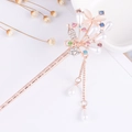 Detail of vintage flower hair stick with golden tassels, pearls, and colorful crystals - Gold Bowknot Colorful Gem Tassel (FZ007)