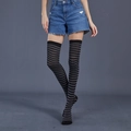 Detailed close-up of black and grey striped over-the-knee socks showing the knit texture - Grey Black Thin Striped