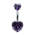 Titanium steel belly button ring featuring two purple heart-shaped cubic zirconia stones - Purple