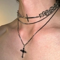 Silver multi-layer Y2K necklace with cross pendants and black rhinestone accents - Cross Necklace X4044