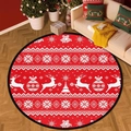 Detailed view of red round Christmas rug with white reindeer and snowflake patterns on wood floor - Sdj_round Carpet-6
