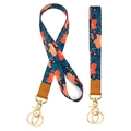 Lanyard en polsbandset met oranje bloemenprint op donkerblauwe stoffen band - Rode Grote Bloemen