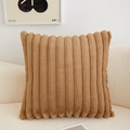 Plush camel faux fur throw pillow with ribbed texture on a white cozy sofa - Coffee