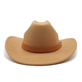 Classic camel wide brim wool felt cowboy hat with brown leather band and gold rivet - M (56-58cm) / Camel