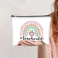 Detail of canvas teacher makeup bag with rainbow print and smooth zipper closure - Shape Little Minds Style (jiayingpbb0122)