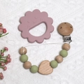 Purple sunflower silicone teether with green beads and wooden clip on knit blanket - Lion Teether + Beaded Chain / Grass Green