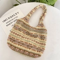 Detail view of ethnic plush tote bag with soft lamb wool texture and geometric patterns - Colorful Stripes