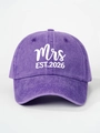 Detail of purple washed cotton baseball cap featuring white Mrs EST.2026 printed text - Adjustable / MRS / Light Purple