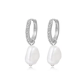Vintage S925 zilveren oorringen met pavé-zirkonia's en witte barokparels - Witgoud / Imitatieparel (E2422)