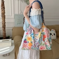 Bolso tote floral con asas de cuerda trenzada azul y estampados de flores vivos - Jardín de Primavera Floral