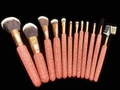 Detail shot of 12 luxury makeup brushes with pink rhinestones and gold ferrules - Deep Pink