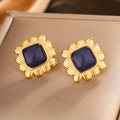 Vintage 18K gold plated titanium steel square stud earrings with resin floral center - Gold/Deep Purple (E-310)