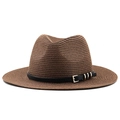 Classic dark brown straw sun hat with black leather band and metal buckle detail - M (56-58cm) / Brown