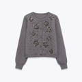 Women's grey knit cardigan with floral sequin embellishments and silver beadwork details - S / Gray