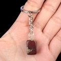 Red-brown stone rectangle keychain with green texture and silver metal ring - Dragon Blood Stone