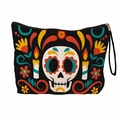 Borsa da trucco in tela nera con teschio colorato del Giorno dei Morti e cinturino - Stile Teschio Candela Simmetrico Nero (Con Manico in Fettuccia)