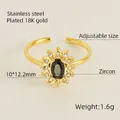 Adjustable 18K gold plated stainless steel ring with oval black zircon and small diamonds - Adjustable Open