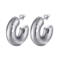 Polished silver-tone hammered texture hoop earrings in vacuum-plated stainless steel - Silver Hammered Style (F611)