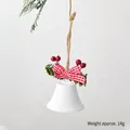 White Christmas metal bell with red plaid bow, pine needles, and rustic hanging jute rope - White Bell