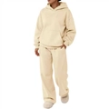 Minimalist beige hooded tracksuit set with kangaroo pocket and straight leg pants for men - Khaki