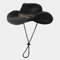 Chapeau de paille noir pour femme avec ruban doré et cordon ajustable de soleil - Noir