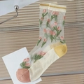 Calcetines de malla beige con bordado de tulipanes rosas y detalles en contraste - Talla única / Pequeñas flores por todas partes