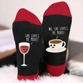 Christmas cotton mid-calf socks with funny wine and coffee cup print on soles - One Size / Coffee Wine Black Red