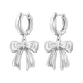 Detailed view of silver bow-shaped drop earrings with a polished metallic finish - Bow Hoop Style (White Gold Color)