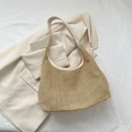 Minimalistische beige gewebte Stroh-Tote-Tasche mit Kunstleder-Riemen und Gittermuster - Weiß