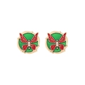 Minimalist red butterfly stud earrings with green base and pearls on white background - Red