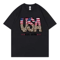 T-shirt noir avec motif lettres USA drapeau américain léopard et impression EST 1776 chic - Noir 318