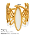 Bohemian gold ring with leaf design and oval white shell stone, size US 7 adjustable - JZ56 Hollow Leaf White Shell (JZ56)