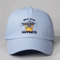Casquette de baseball bleu clair en coton avec broderie chat orange et texte Happiness - Bleu Ciel