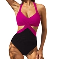 Sexy criss-cross halter monokini in pink and black color block with side ruching details - S / Rose Red + Black