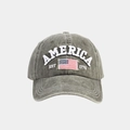 Detailed view of America embroidery and flag patch on washed vintage baseball cap - Adjustable / Army Green