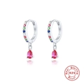 Detailed close-up of S925 sterling silver hoop earrings with a red teardrop gemstone - White Gold - Rainbow Zirconia