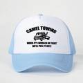 Detail of blue and white trucker hat featuring Camel Towing print and breathable mesh back - Sky Blue