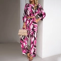 Dames tweedelige set met roze abstracte print crop top en wijde pijpen voor vrijetijd - S / Rozerood