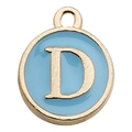 Light blue enamel round letter D charm with gold plating for DIY jewelry making - Letter D / 1 Piece (12x14mm) / Lake Blue