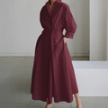 Long-sleeved wine red maxi shirt dress with waist tie and side pockets for women - S / Burgundy