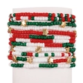 Multilayered seed bead bracelet set with red, green, white beads and golden stars - Red Green White Christmas Colors - 12pcs Set