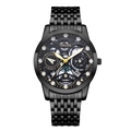 Detailed close-up of a hollow skeleton dial with gold hands and black metal strap - 9-Bead Black Strap Skeleton Black Dial