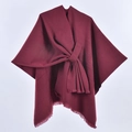 Elegant burgundy solid color knit poncho cape with tassel fringe and front tie knot closure - Solid Color Tassel Tie / Burgundy