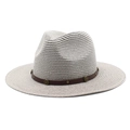 Classic woven straw panama hat with brown leather band and bronze cross metal decoration - M (56-58cm) / Off-White