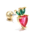 Screw back heart fruit ear stud with red heart crystal and green leaf gemstones - Strawberry