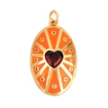 Golden oval pendant with red heart gemstone and orange enamel sunburst design - Orange-Oval Heart Radial Pattern