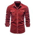 Camicia da uomo in velluto a coste rosso scuro slim fit con due tasche sul petto - Borgogna