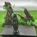Hand-carved 10cm black natural semi-precious stone Mary statue on wood stand - Flame Stone